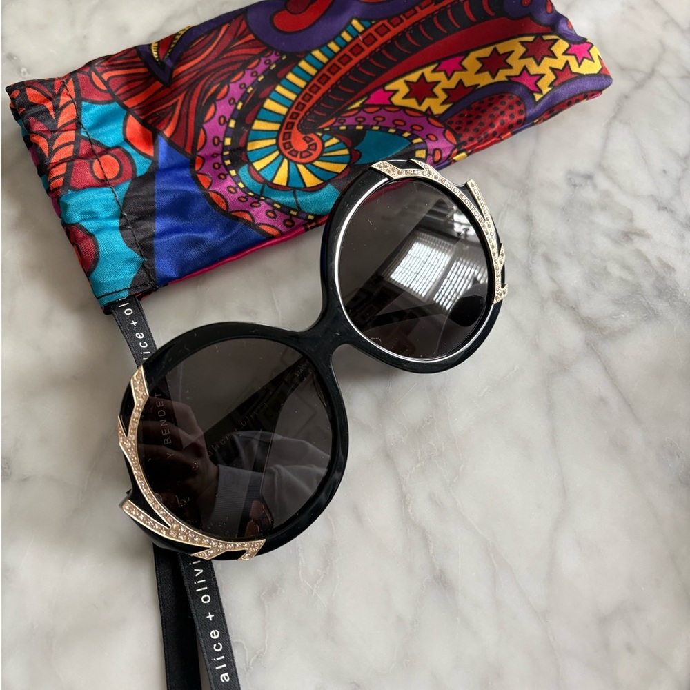 Alice + Olivia Black Round Sunglasses with Gold Crystal Accents